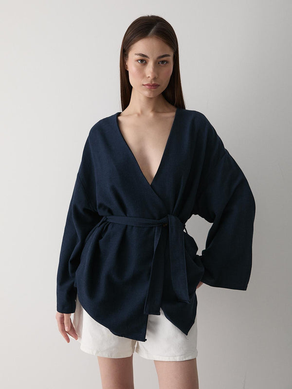 Lacivert Pamuklu Düğme Detaylı Kemerli Keten Kimono