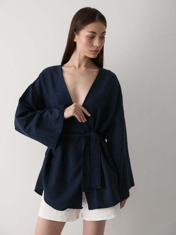 Lacivert Pamuklu Düğme Detaylı Kemerli Keten Kimono