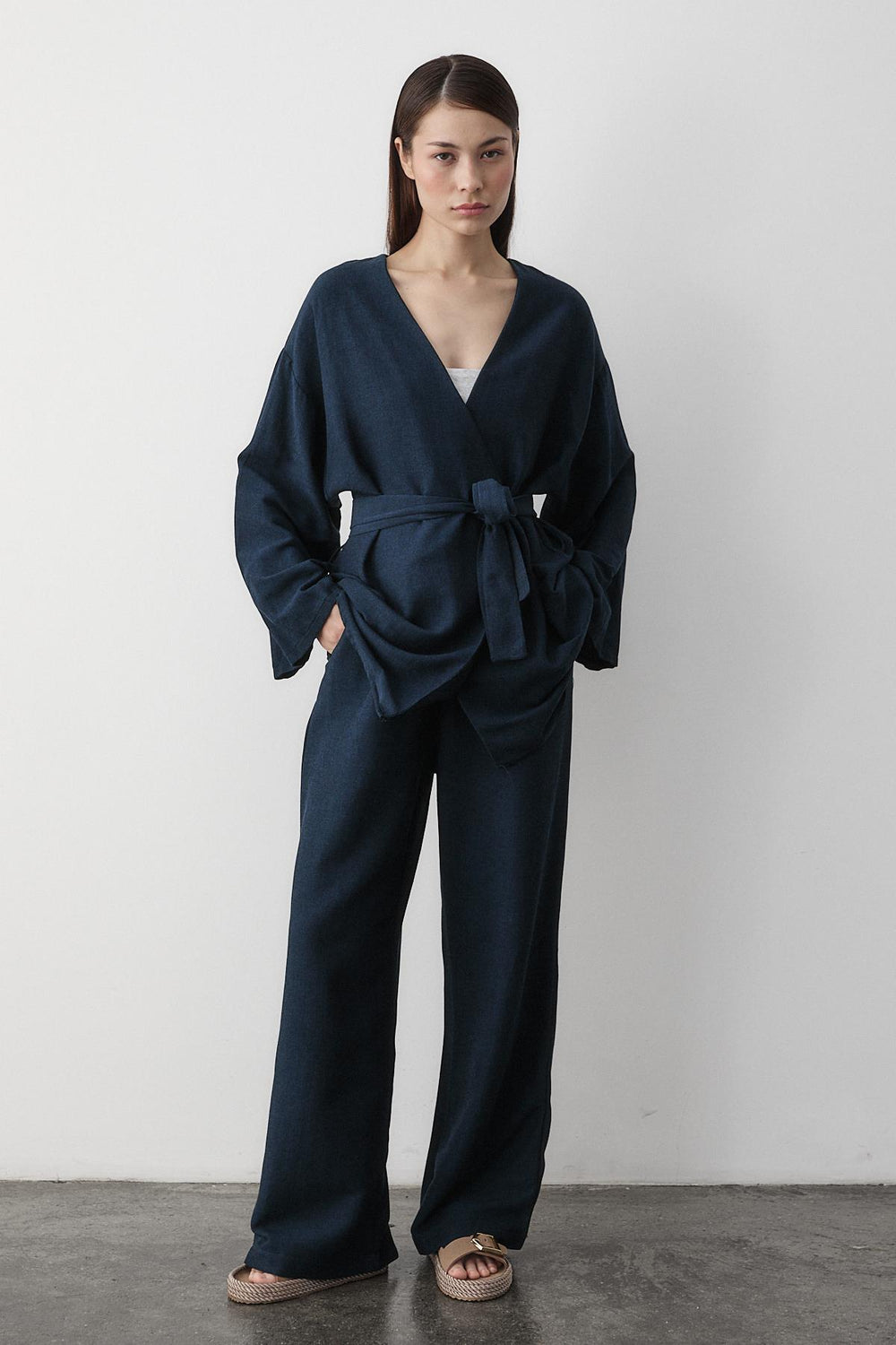 Lacivert Pamuklu Kimono Bol Paça Pantolon Takım
