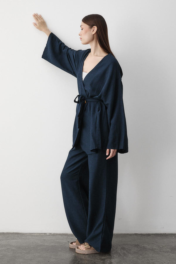 Lacivert Pamuklu Kimono Bol Paça Pantolon Takım
