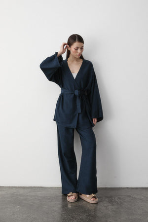 Lacivert Pamuklu Kimono Bol Paça Pantolon Takım
