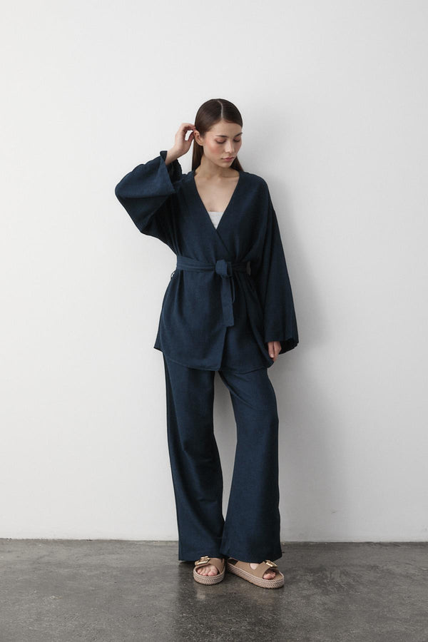 Lacivert Pamuklu Kimono Bol Paça Pantolon Takım