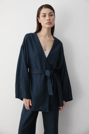 Lacivert Pamuklu Kimono Bol Paça Pantolon Takım