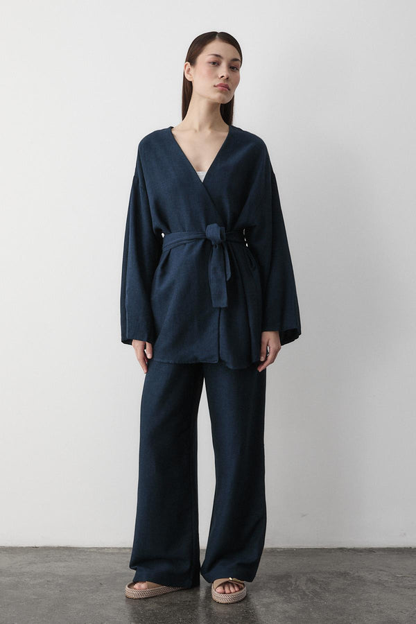 Lacivert Pamuklu Kimono Bol Paça Pantolon Takım