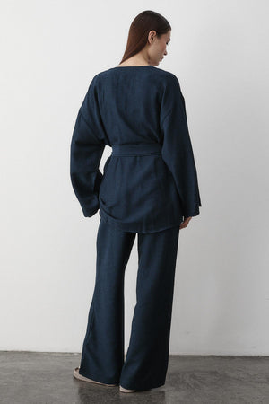 Lacivert Pamuklu Kimono Bol Paça Pantolon Takım