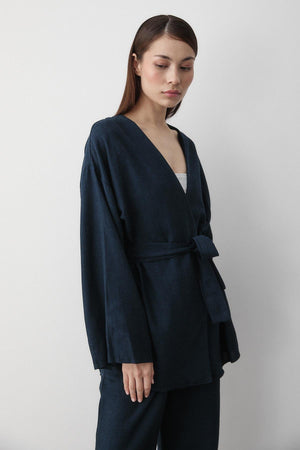 Lacivert Pamuklu Kimono Bol Paça Pantolon Takım