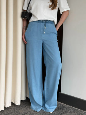 Mavi %100 Pamuk Bel Bağlamalı Tensel Pantolon - 5541