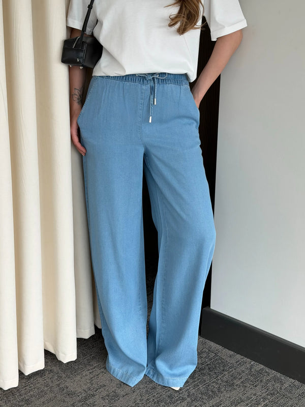 Mavi %100 Pamuk Bel Bağlamalı Tensel Pantolon - 5541