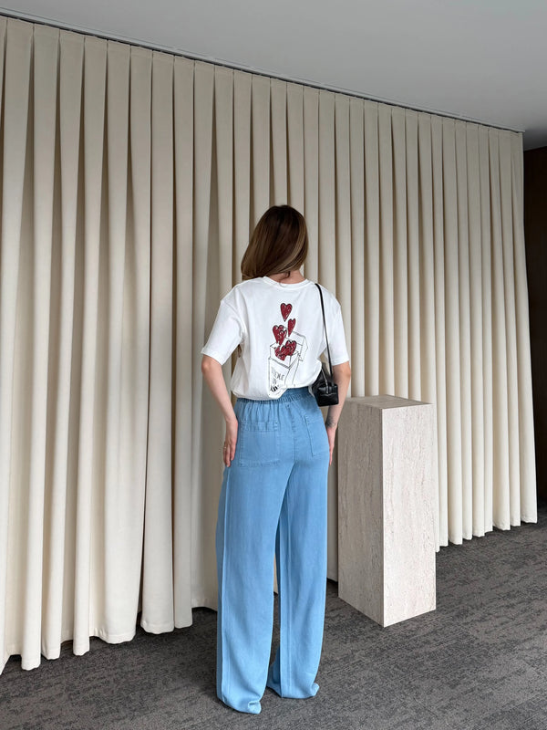 Mavi %100 Pamuk Bel Bağlamalı Tensel Pantolon - 5541