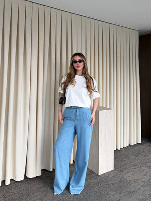 Mavi %100 Pamuk Bel Bağlamalı Tensel Pantolon - 5541