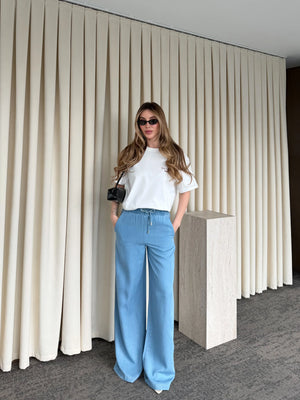 Mavi %100 Pamuk Bel Bağlamalı Tensel Pantolon - 5541