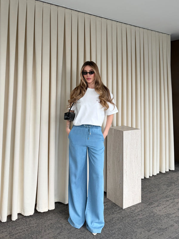 Mavi %100 Pamuk Bel Bağlamalı Tensel Pantolon - 5541