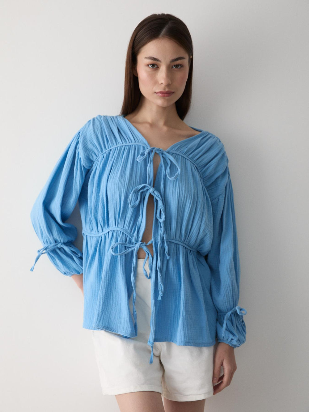 Mavi %100 Pamuk Kolu Lastikli Müslin Gömlek