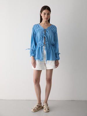 Mavi %100 Pamuk Kolu Lastikli Müslin Gömlek