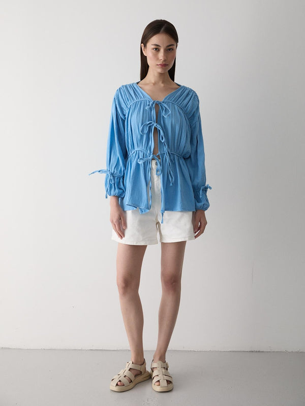 Mavi %100 Pamuk Kolu Lastikli Müslin Gömlek