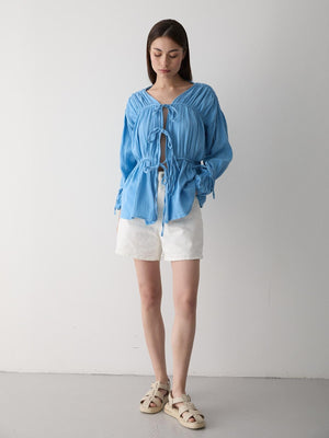 Mavi %100 Pamuk Kolu Lastikli Müslin Gömlek