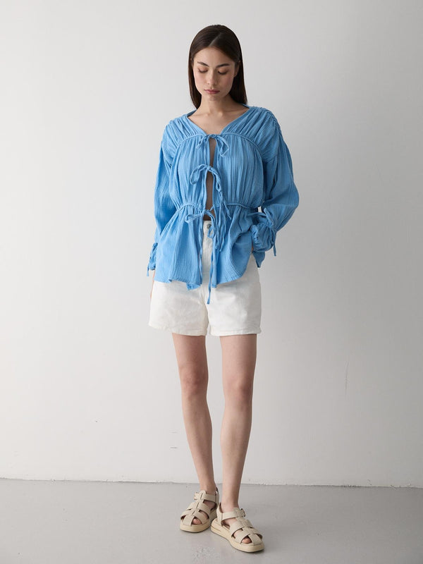 Mavi %100 Pamuk Kolu Lastikli Müslin Gömlek