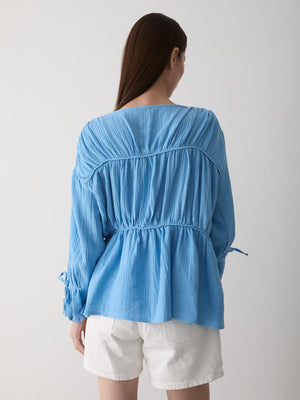 Mavi %100 Pamuk Kolu Lastikli Müslin Gömlek