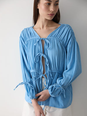 Mavi %100 Pamuk Kolu Lastikli Müslin Gömlek