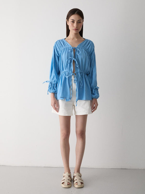 Mavi %100 Pamuk Kolu Lastikli Müslin Gömlek