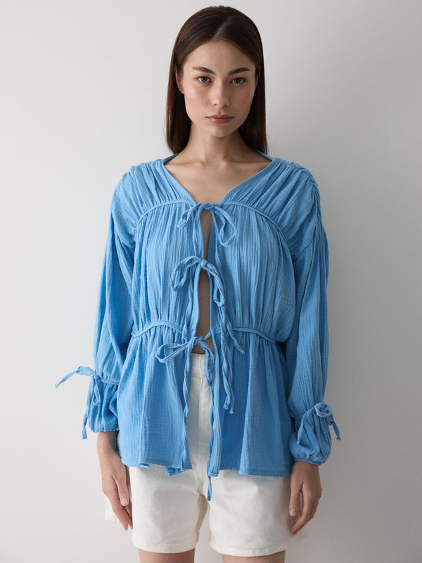 Mavi %100 Pamuk Kolu Lastikli Müslin Gömlek