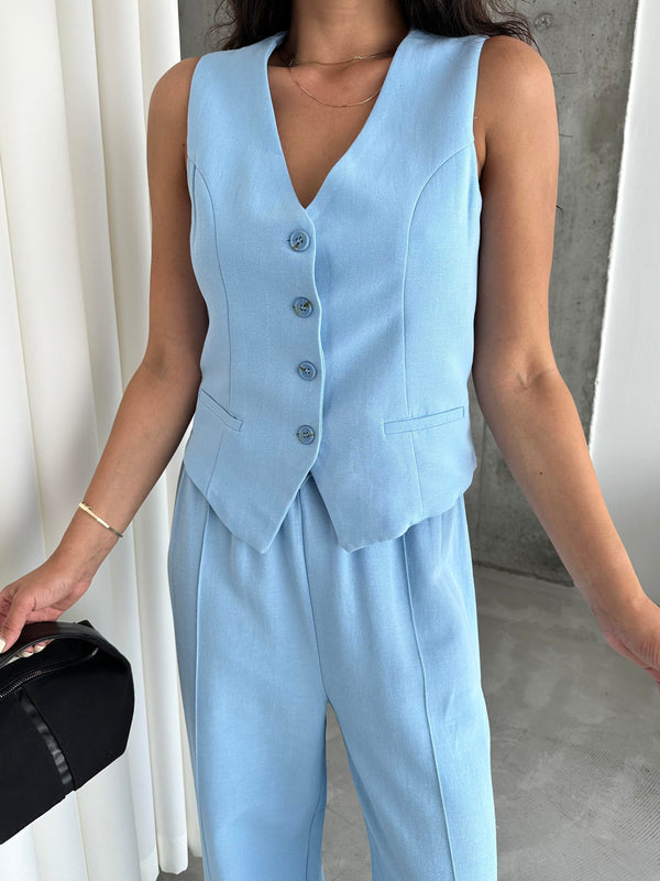 Mavi %100 Pamuk Lavin Keten Yelek Pantolon Takım