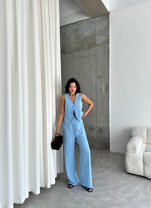 Mavi %100 Pamuk Lavin Keten Yelek Pantolon Takım