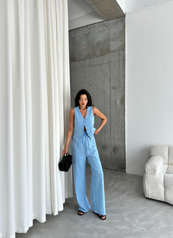 Mavi %100 Pamuk Lavin Keten Yelek Pantolon Takım