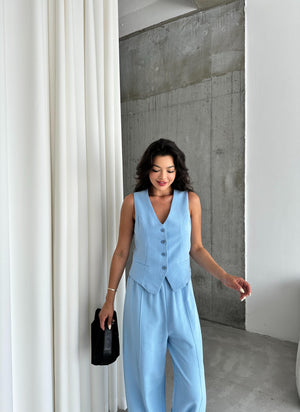 Mavi %100 Pamuk Lavin Keten Yelek Pantolon Takım