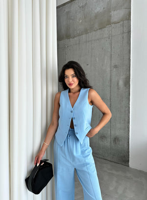 Mavi %100 Pamuk Lavin Keten Yelek Pantolon Takım