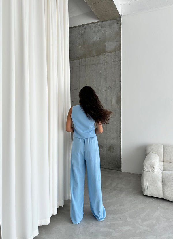 Mavi %100 Pamuk Lavin Keten Yelek Pantolon Takım