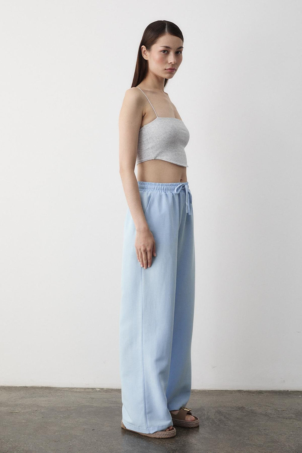 Mavi Beli Lastikli Bol Paça Pantolon