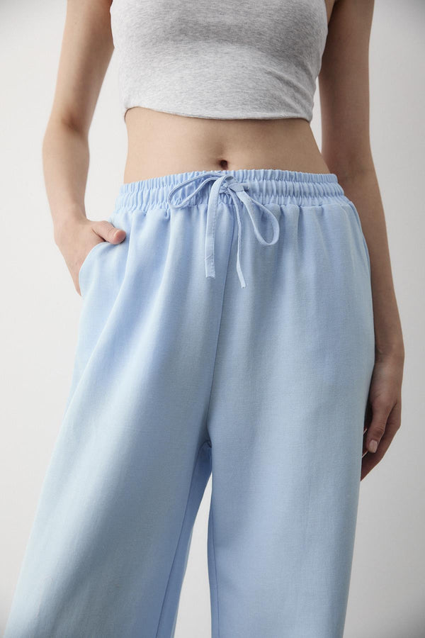 Mavi Beli Lastikli Bol Paça Pantolon