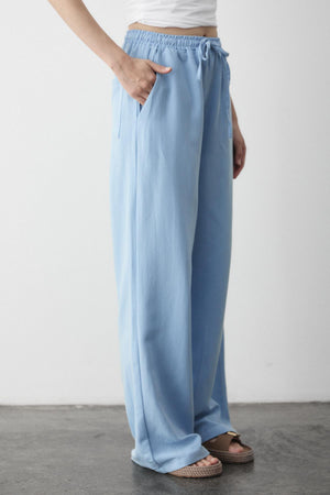 Mavi Beli Lastikli Pamuklu Keten Pantolon