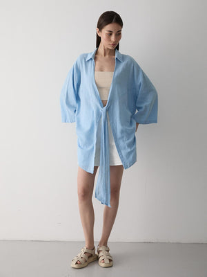 Mavi Flam Keten Kimono Gömlek