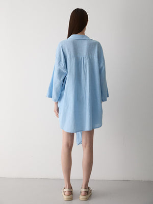 Mavi Flam Keten Kimono Gömlek