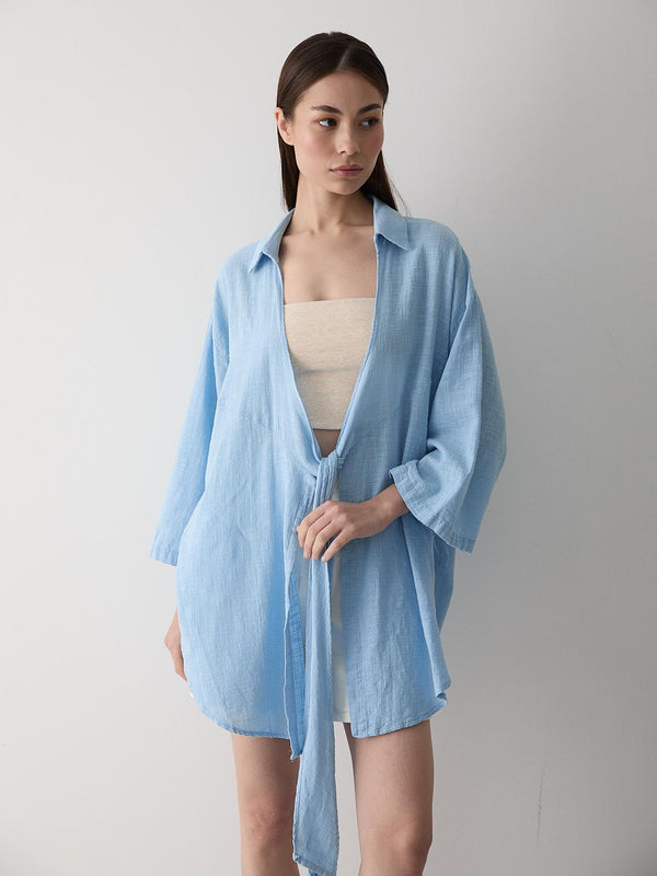 Mavi Flam Keten Kimono Gömlek