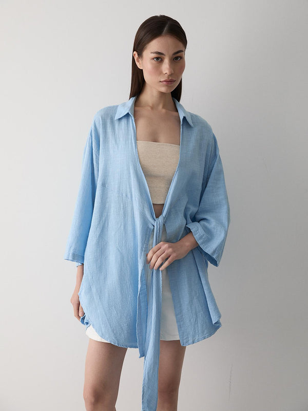 Mavi Flam Keten Kimono Gömlek