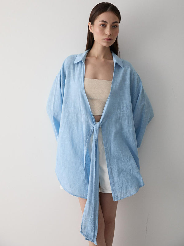 Mavi Flam Keten Kimono Gömlek