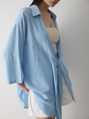 Mavi Flam Keten Kimono Gömlek