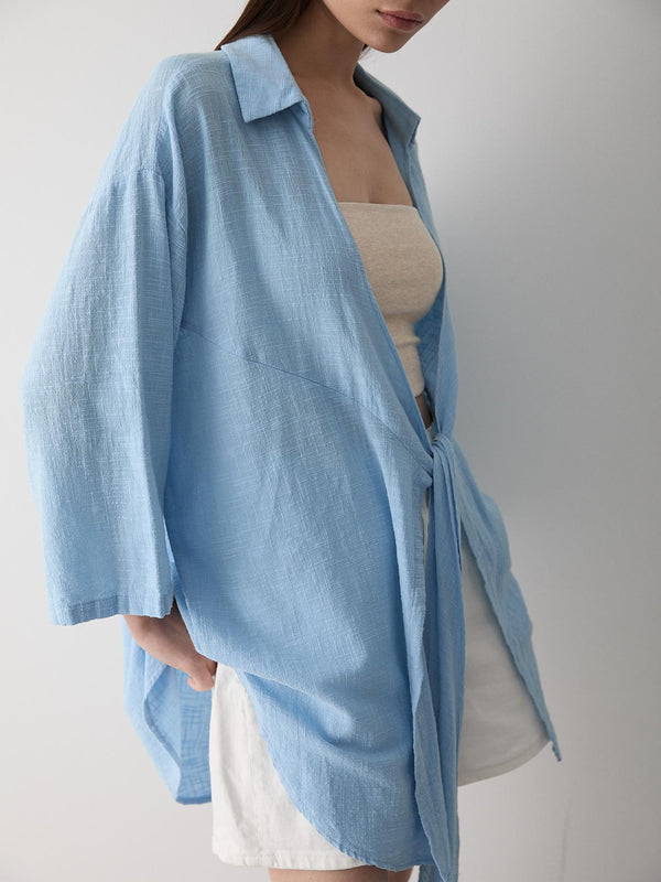 Mavi Flam Keten Kimono Gömlek