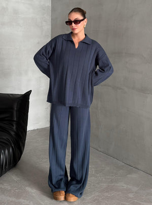 Mavi Freya Polo Yaka Fitilli Triko Takım