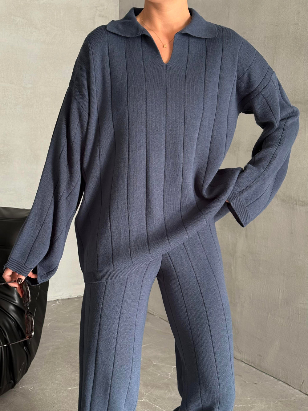 Mavi Freya Polo Yaka Fitilli Triko Takım