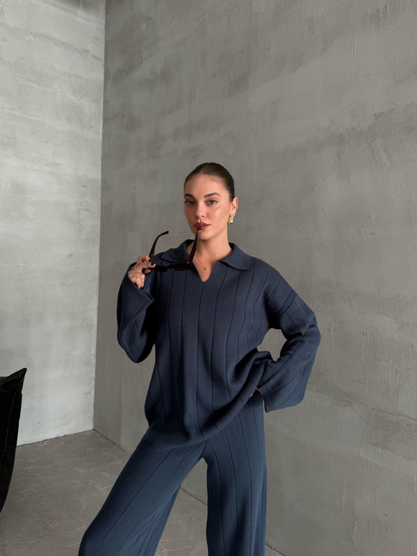 Mavi Freya Polo Yaka Fitilli Triko Takım