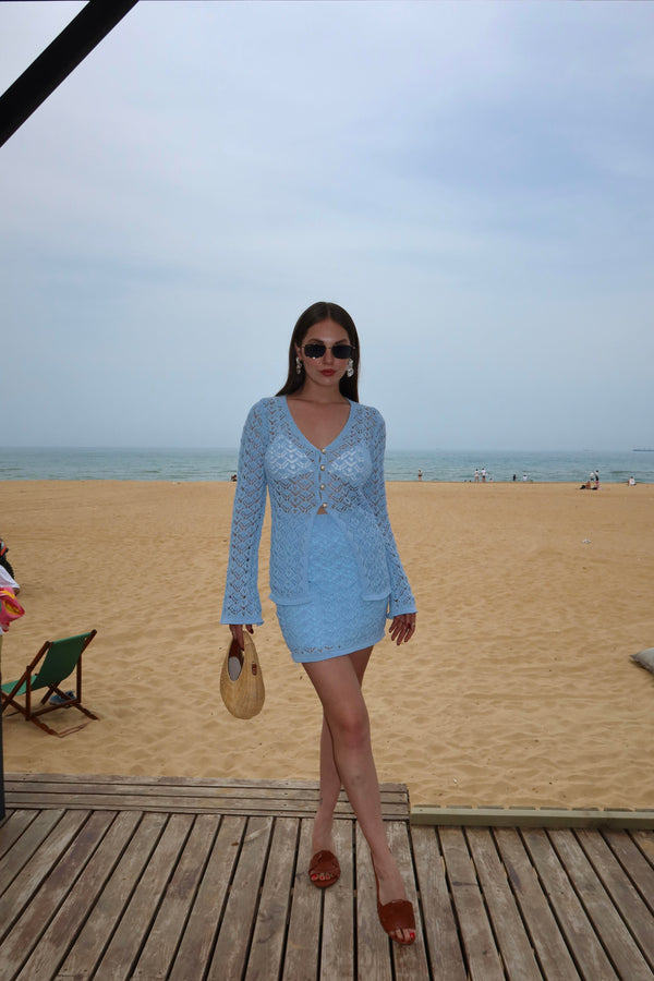 Mavi İnci Düğmeli Hırka Etek Takım