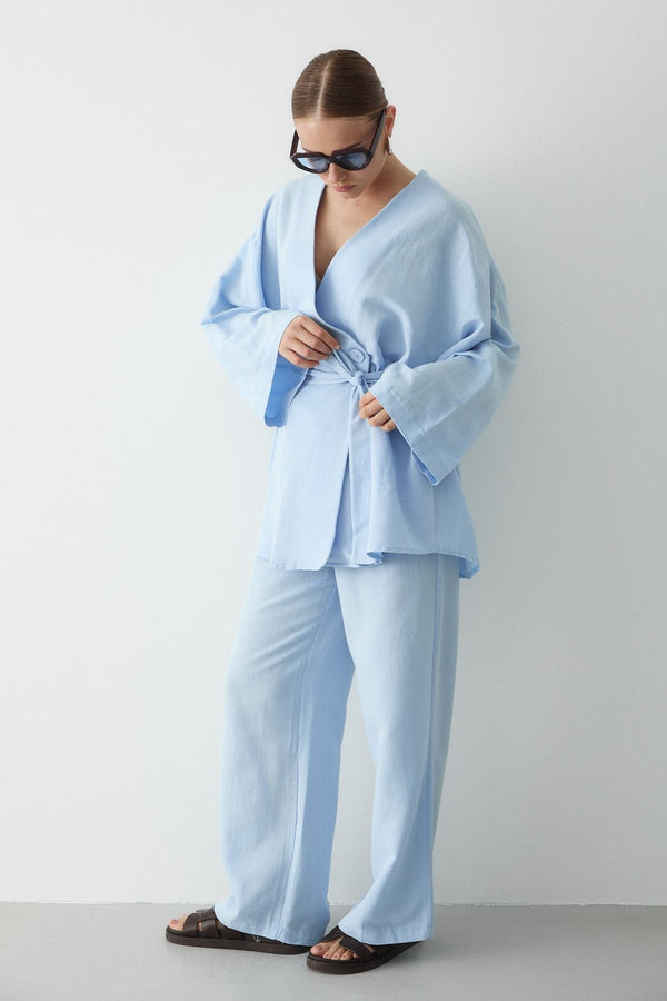 Mavi Pamuklu Düğme Detaylı Kemerli Keten Kimono
