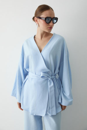 Mavi Pamuklu Düğme Detaylı Kemerli Keten Kimono