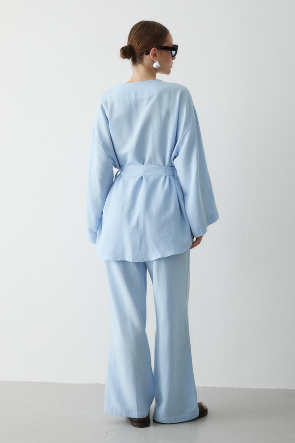 Mavi Pamuklu Düğme Detaylı Kemerli Keten Kimono