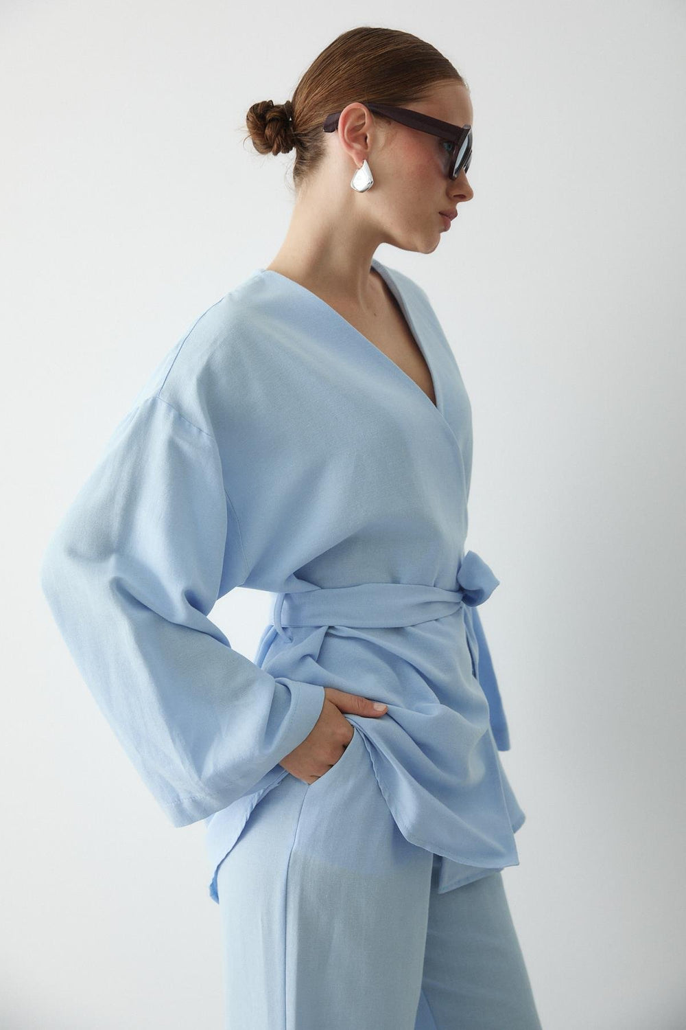 Mavi Pamuklu Kimono Bol Paça Pantolon Takım