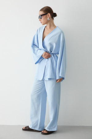 Mavi Pamuklu Kimono Bol Paça Pantolon Takım